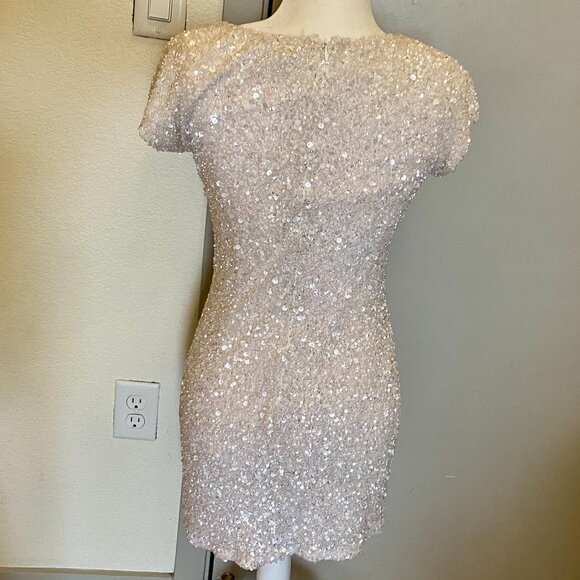 Theia Cap Sleeve White / Silver Sequin Dress Size 2 - Picture 5 of 9